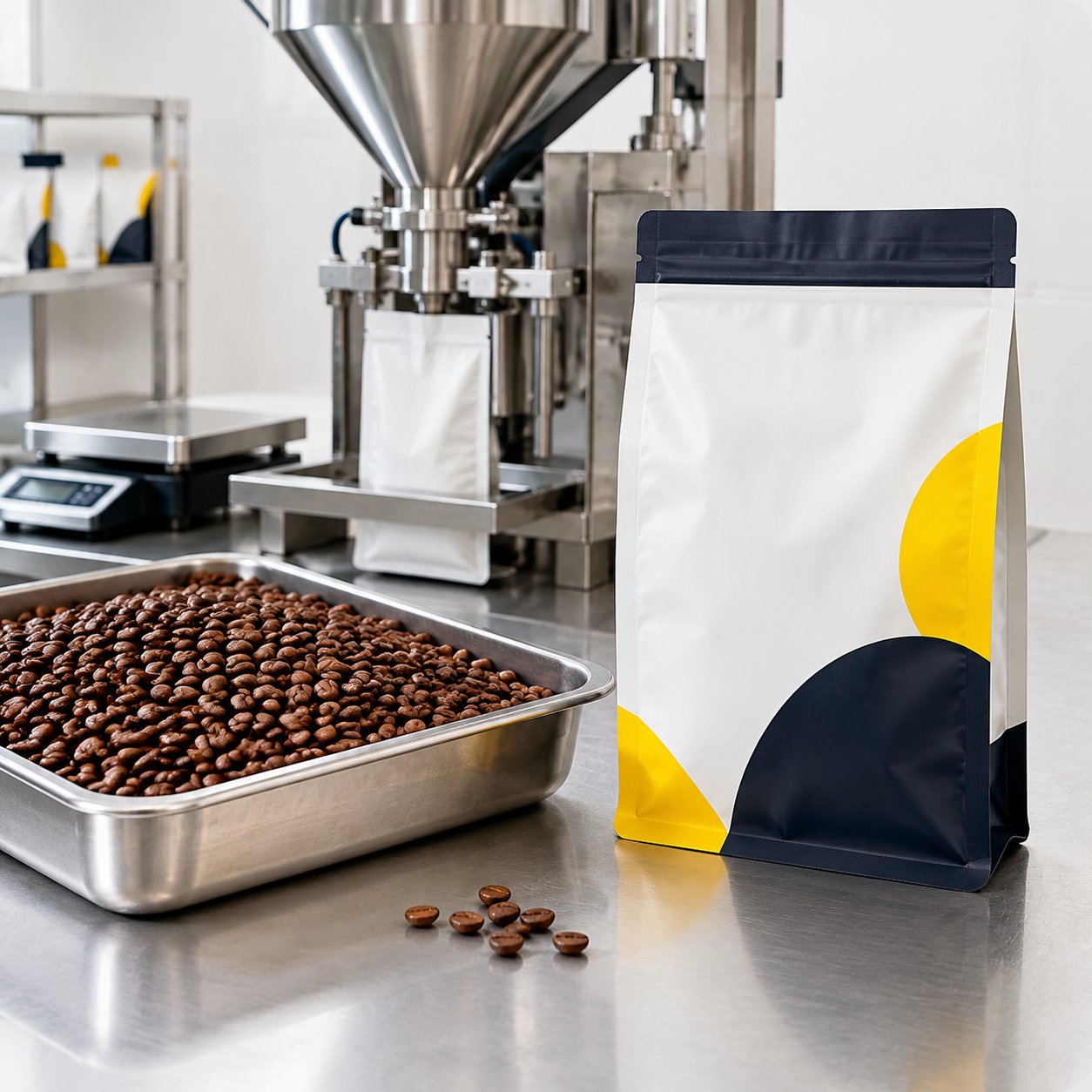 Roasted coffee beans beside an unbranded pouch and filling station