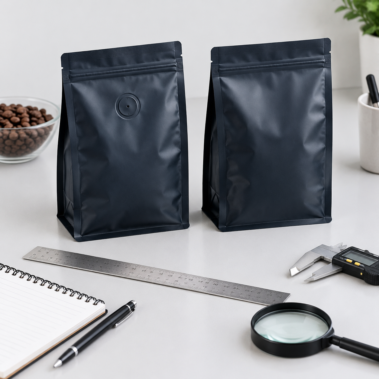 Valve-equipped and control coffee pouches arranged for packaging validation