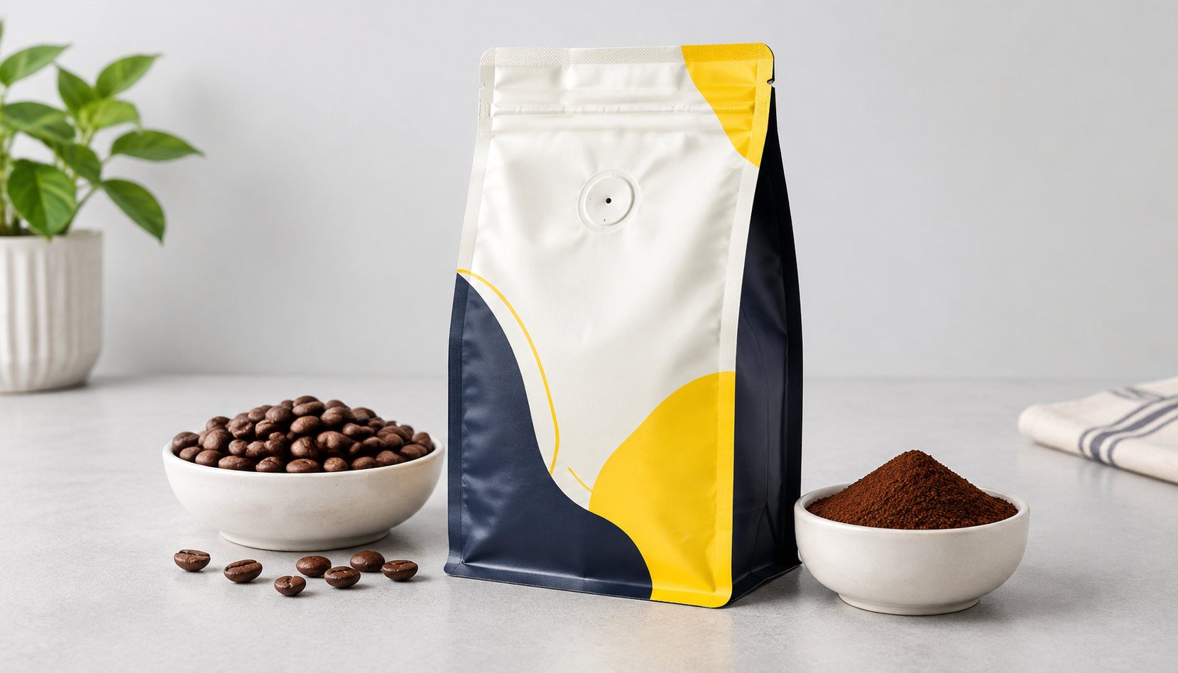 Flat-bottom coffee pouch with a degassing valve beside whole beans and ground coffee