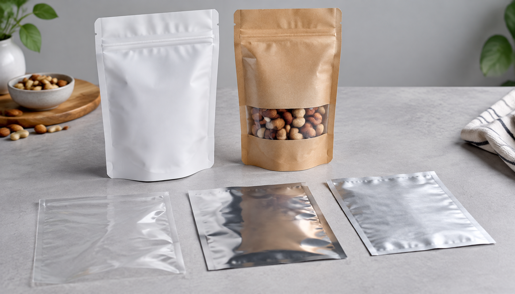 Flexible pouches beside clear, metallized, and foil-containing laminate swatches