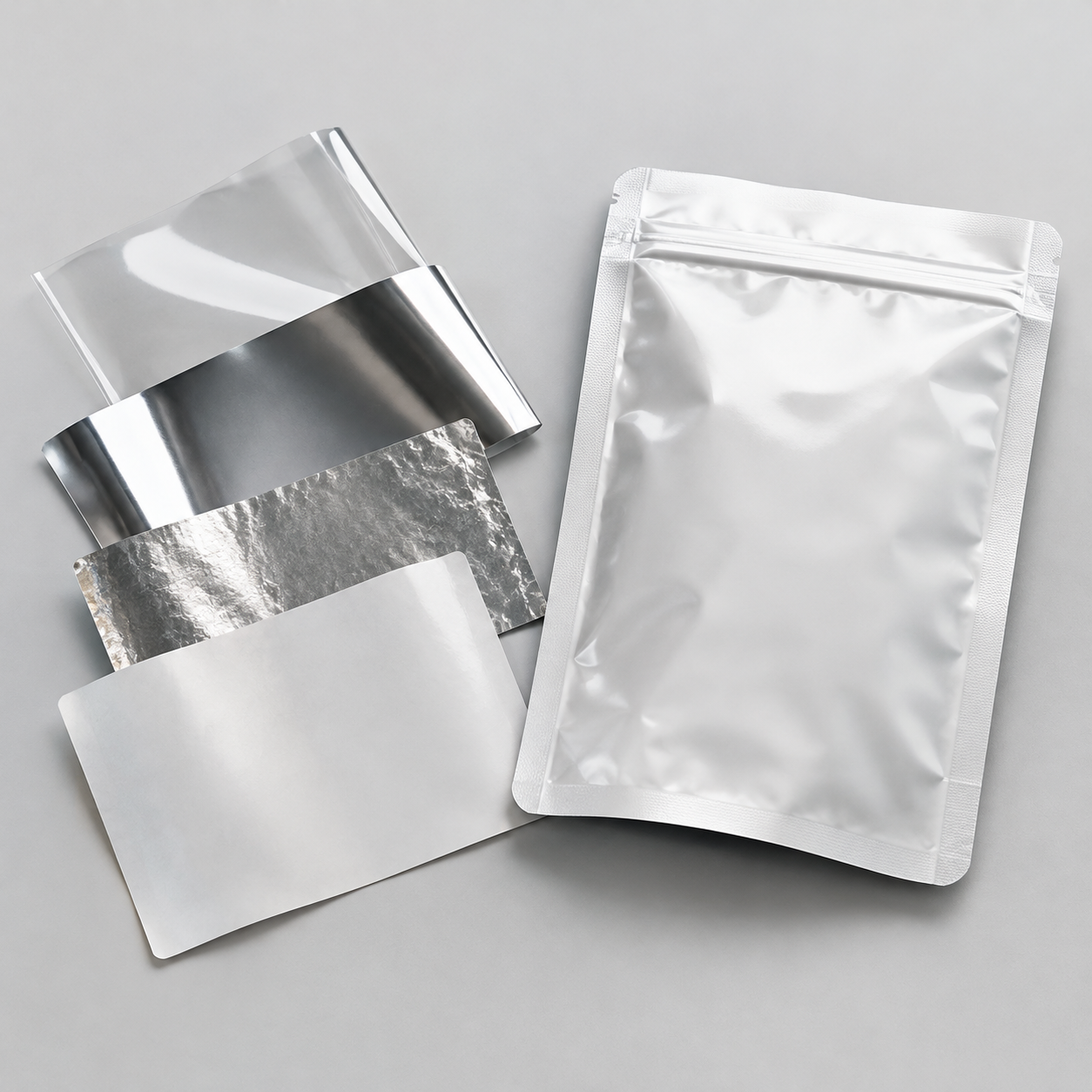 Clear, metallized, and foil-containing flexible laminate swatches beside a pouch panel