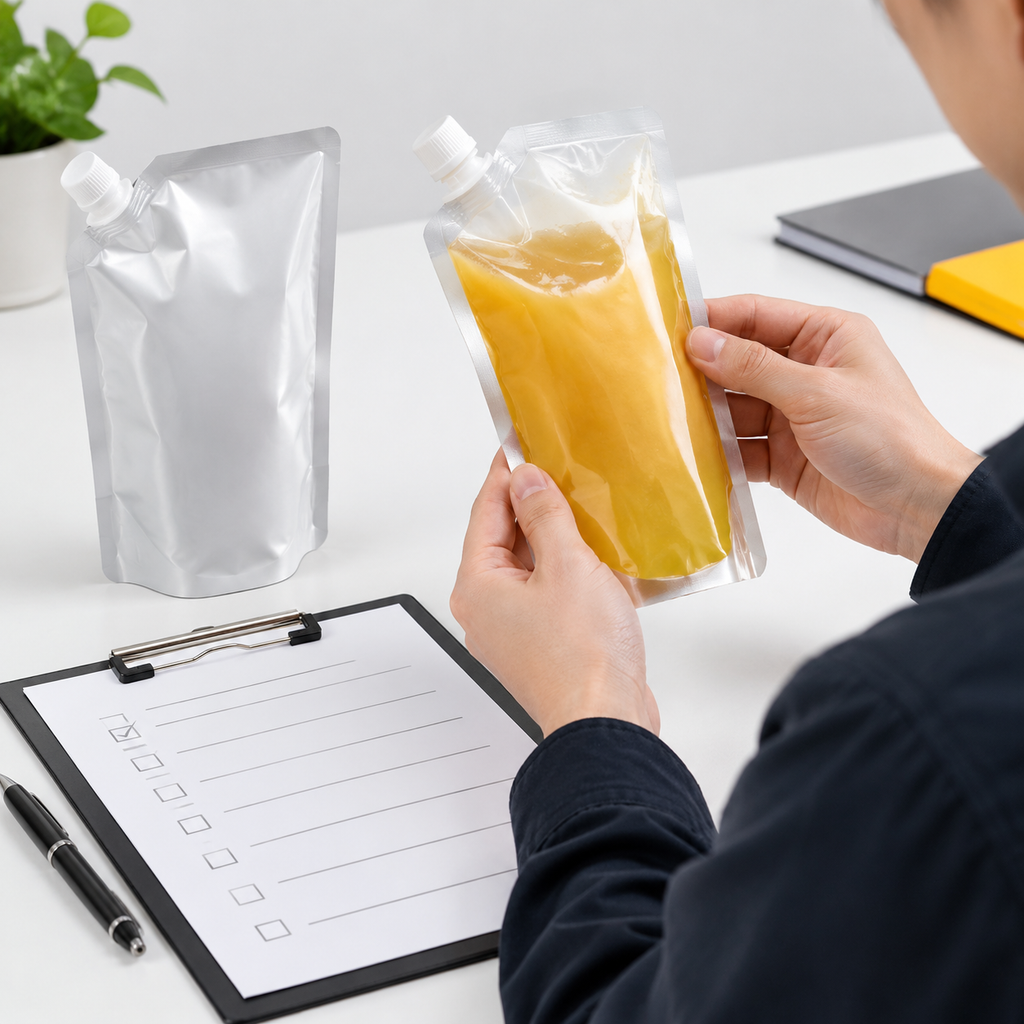 Filled flexible pouch beside a non-readable checklist for finished-pack review