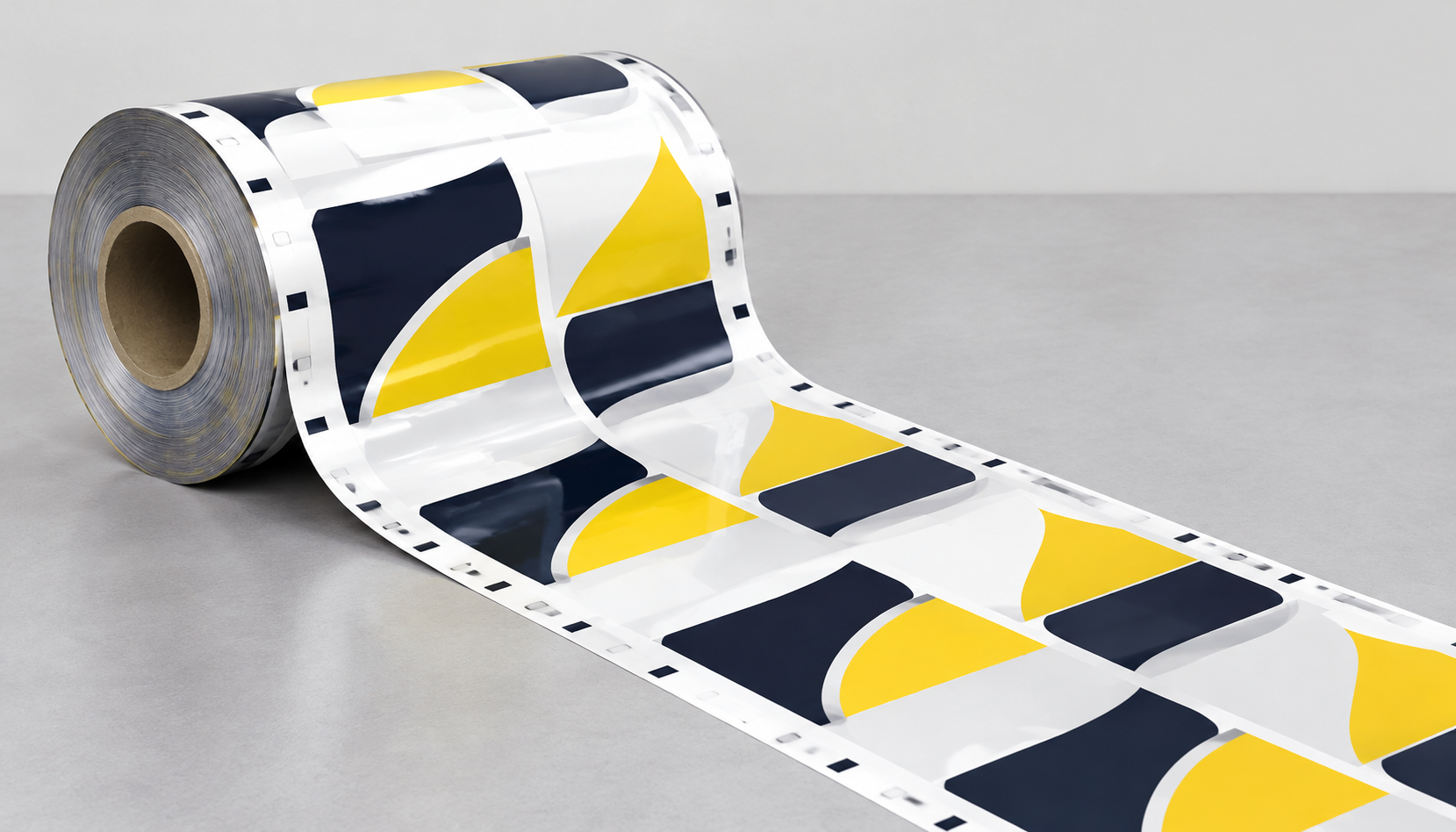Printed flexible film roll with a visible core and repeated artwork on an unwound section