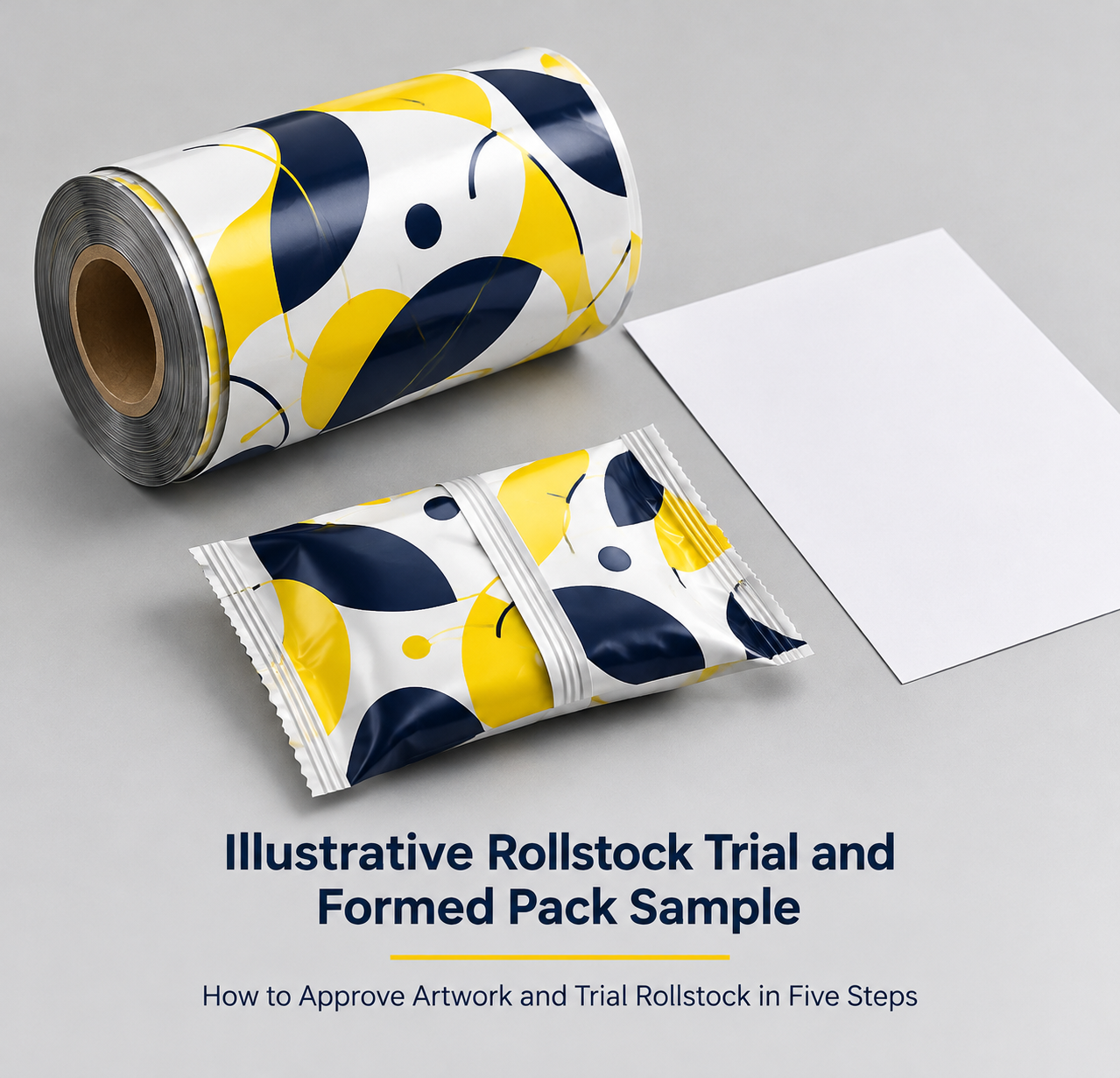Trial film roll beside an unfilled pillow-pack sample and an unmarked inspection sheet
