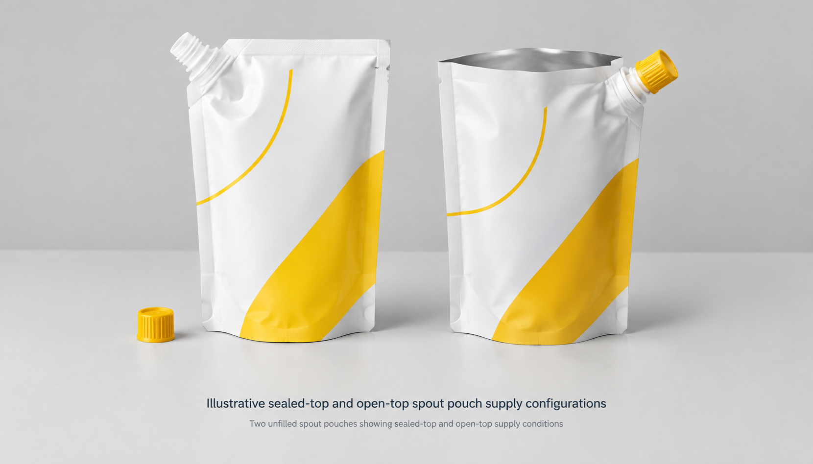 Two unfilled spout pouches showing sealed-top and open-top supply conditions