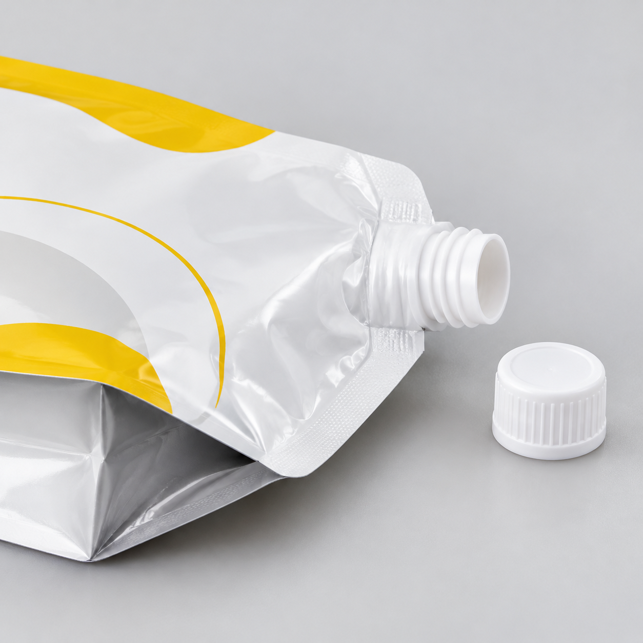 Spout pouch sample showing the welded fitment, threaded neck, and matching cap