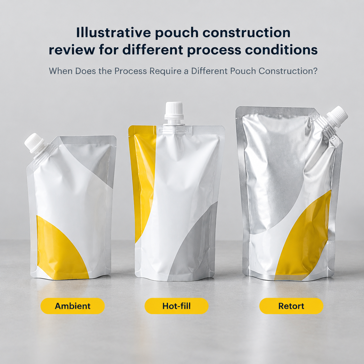Unfilled spout pouch samples arranged for ambient, hot-fill, and retort design review